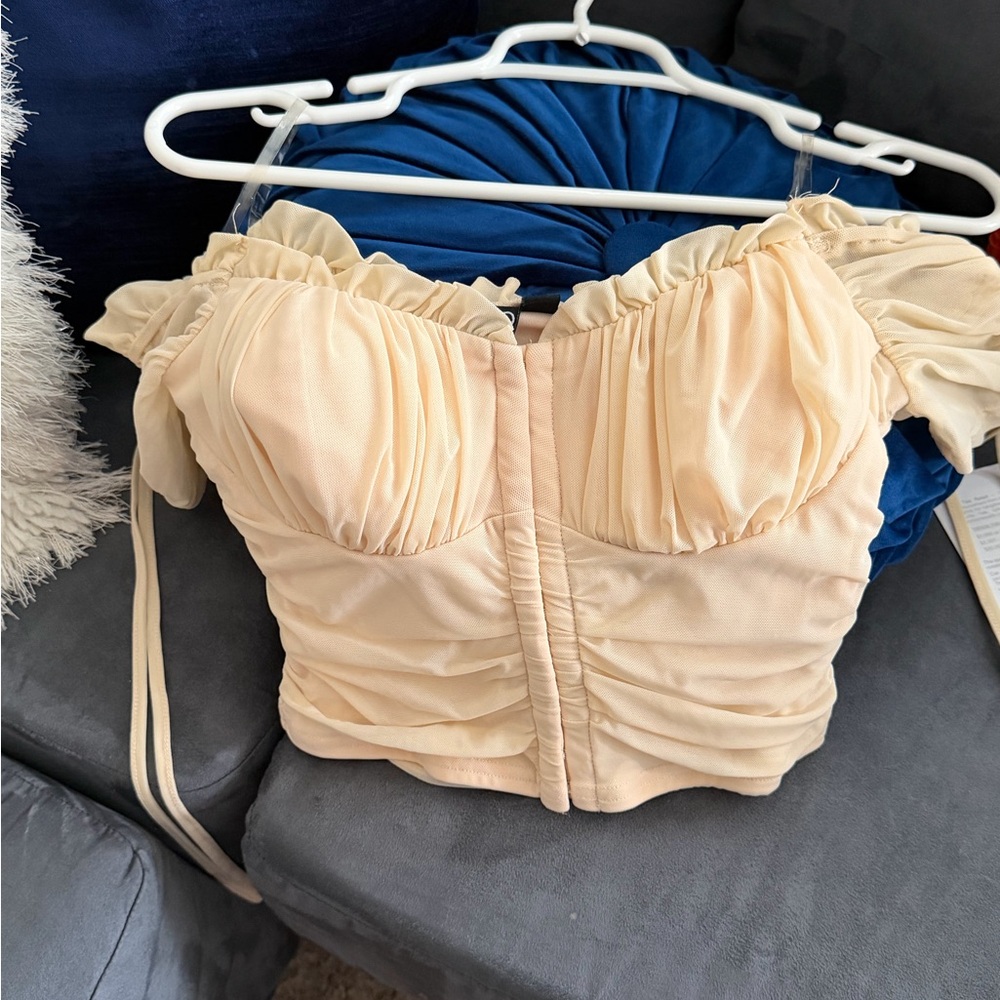 SHEIN Cream Ruched Off-Shoulder Bustier Crop Top